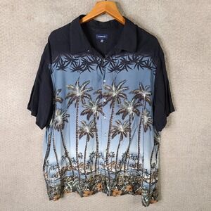 Croft & Barrow Shirt Mens 3XB Black Blue Hawaiian Palm Tree Rayon Button Up